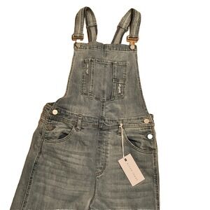 Risen Women's Distressed Denim XL Bib Overalls NWT — Fun! Wide Leg, Medium Blue
